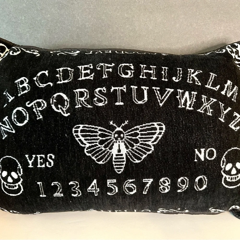 - Halloween Ouija Spirit Board Throw Pillow Black White Silver Metallic Thread